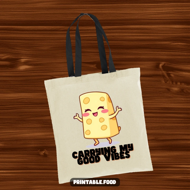Funny tote bag featuring a winking cheese wedge character doing a playful jig, showcasing a whimsical and humorous design.