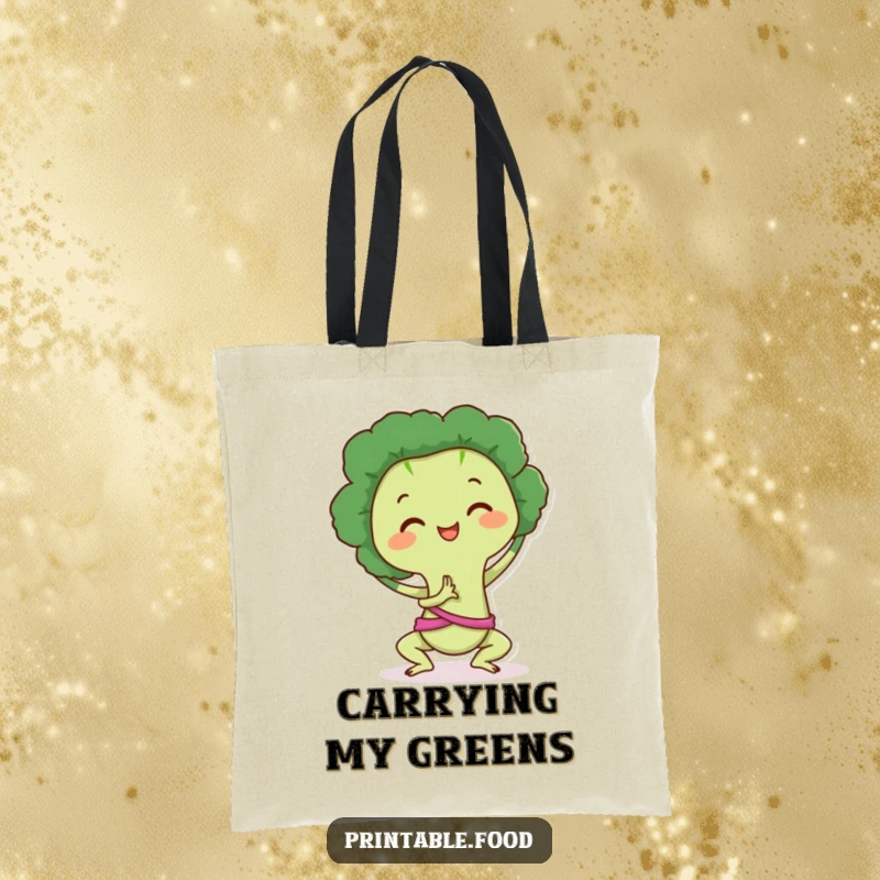 Funny Tote Bag: A happy broccoli character in a yoga pose, a humorous and practical accessory for carrying gym gear or groceries.