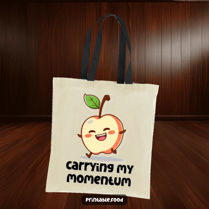 Funny tote bag with a determined apple character grinning and rolling downhill, a symbol of energetic progress.