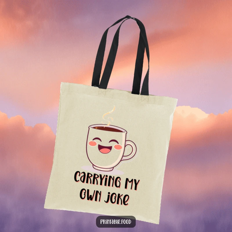 Funny tote bag featuring a winking coffee cup character, steam erupting as it bursts into laughter, a humorous companion for shopping.