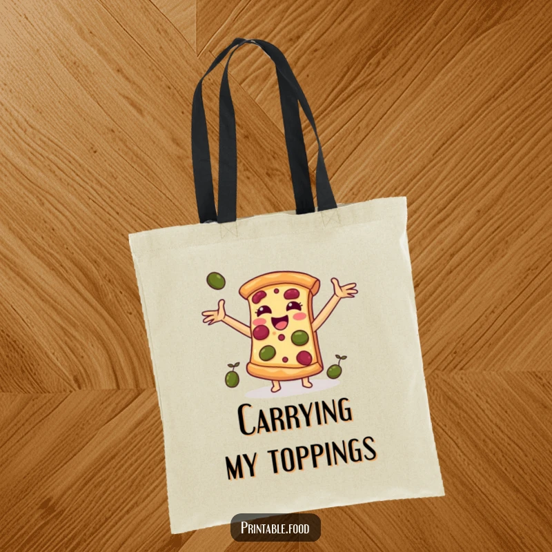 Funny tote bag featuring a cheerful pizza slice character catching falling olives, ideal for groceries or pizza party supplies.