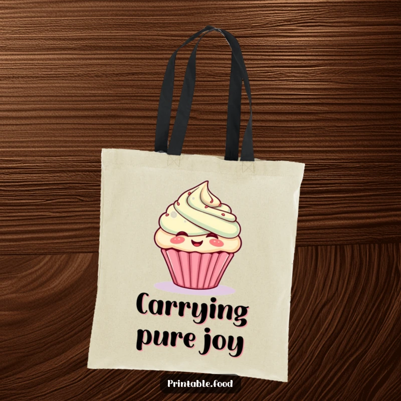 Funny tote bag featuring a giggling cupcake character puffing out frosting, durable and stylish accessory.