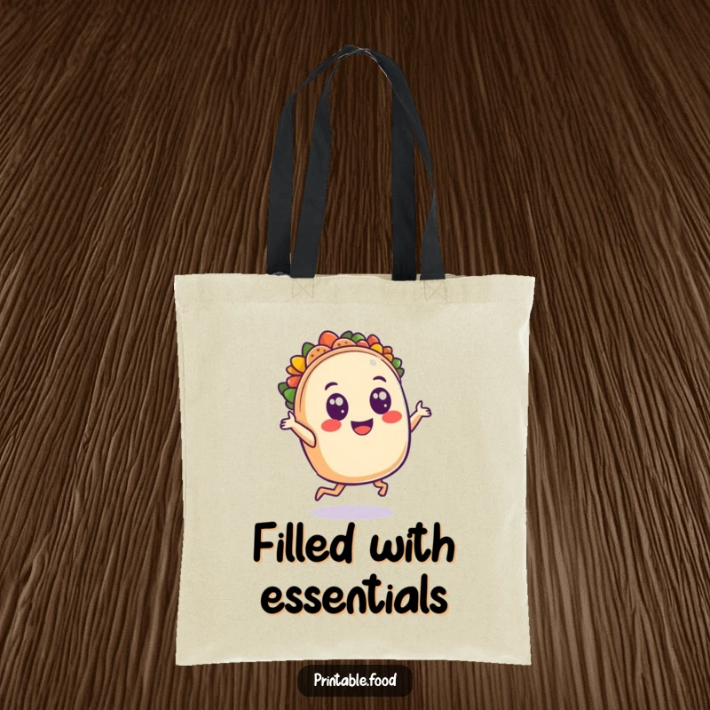 Funny tote bag showing a smiling taco character dancing with wide eyes, ready to carry your items with cheerful fiesta flair.