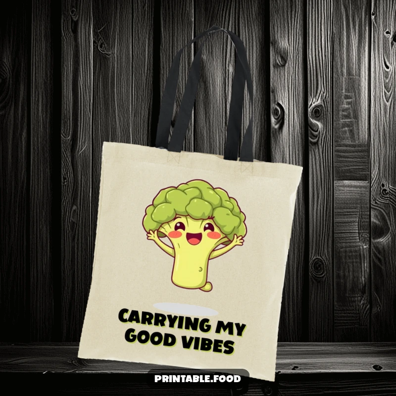 Funny tote bag featuring a happy broccoli floret executing a dynamic jump, perfect for carrying essentials with a side of cheerful absurdity.