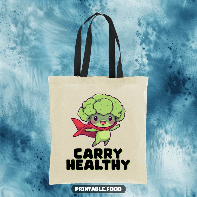 Funny tote bag with a flying broccoli floret superhero, ready to take on the world with healthy gusto.