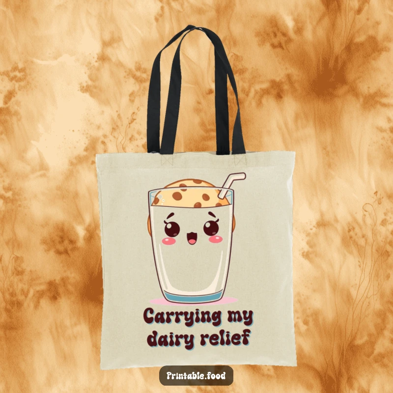 Funny cookie character peeking with surprise from behind a large milk glass, printed on a tote bag, symbolizing playful moments and treats.