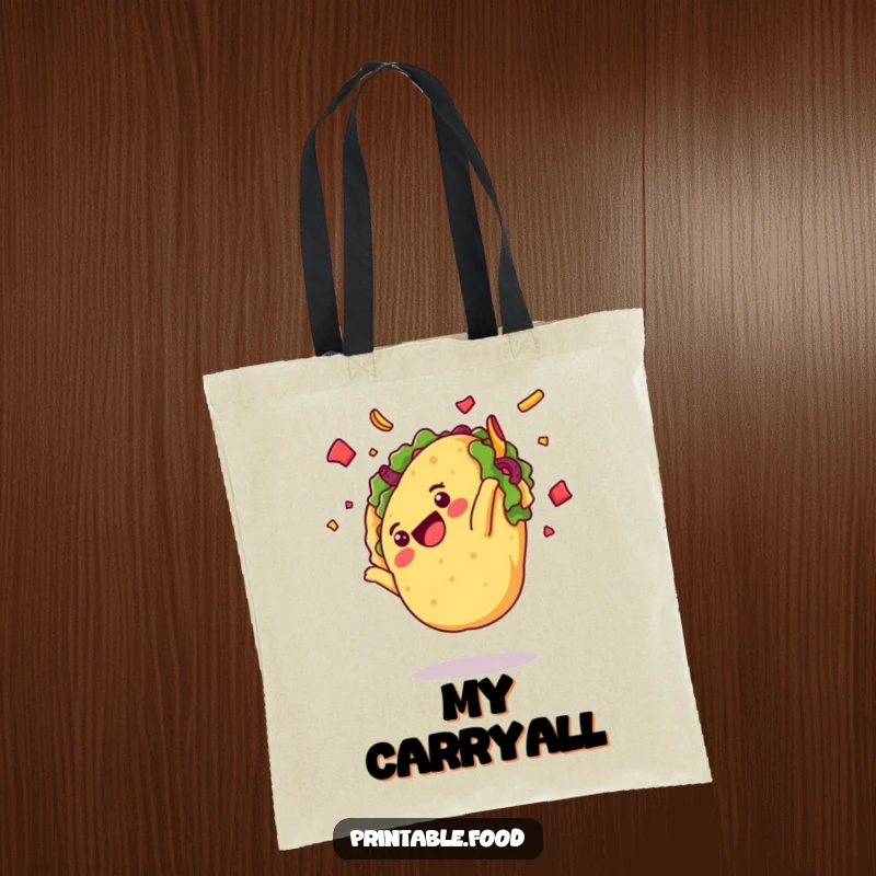 Funny tote bag featuring a delighted taco character mid-somersault with toppings flying, a vibrant and humorous accessory.