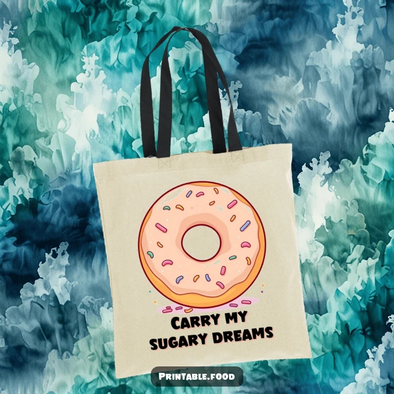 Funny Donut Spinning Sprinkles Tote Bag: A vibrant tote showcasing a happy donut spinning with joyful abandon, covered in sprinkles.