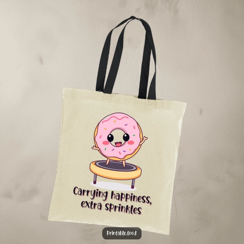 Funny donut character joyfully bouncing on a trampoline, featured on a durable tote bag, symbolizing happy travels and lightheartedness.