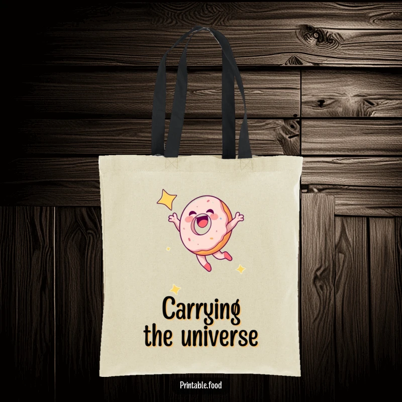 Funny laughing doughnut leaping into a starry night sky on a durable tote bag, great for everyday magic.