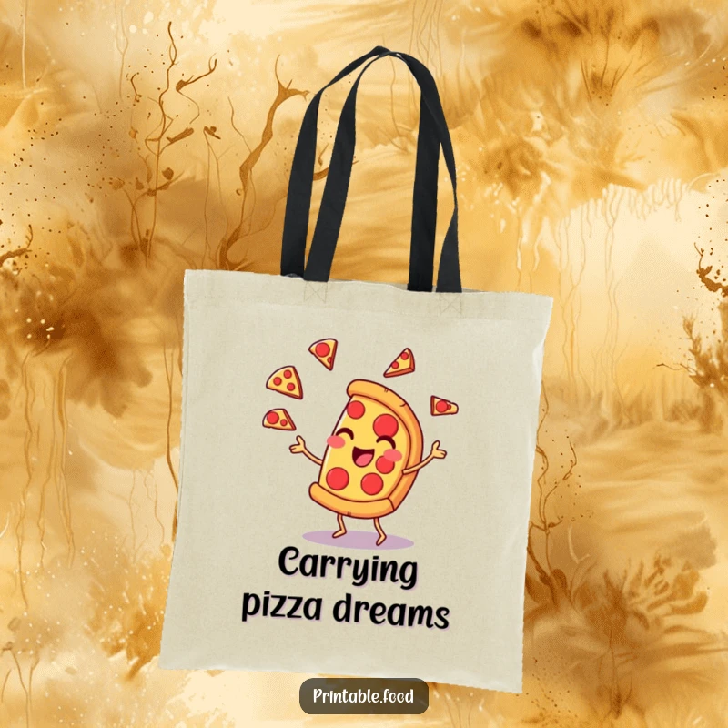 Funny tote bag featuring a pizza slice character juggling pepperoni with a smirk, a whimsical and practical accessory for any pizza fan.