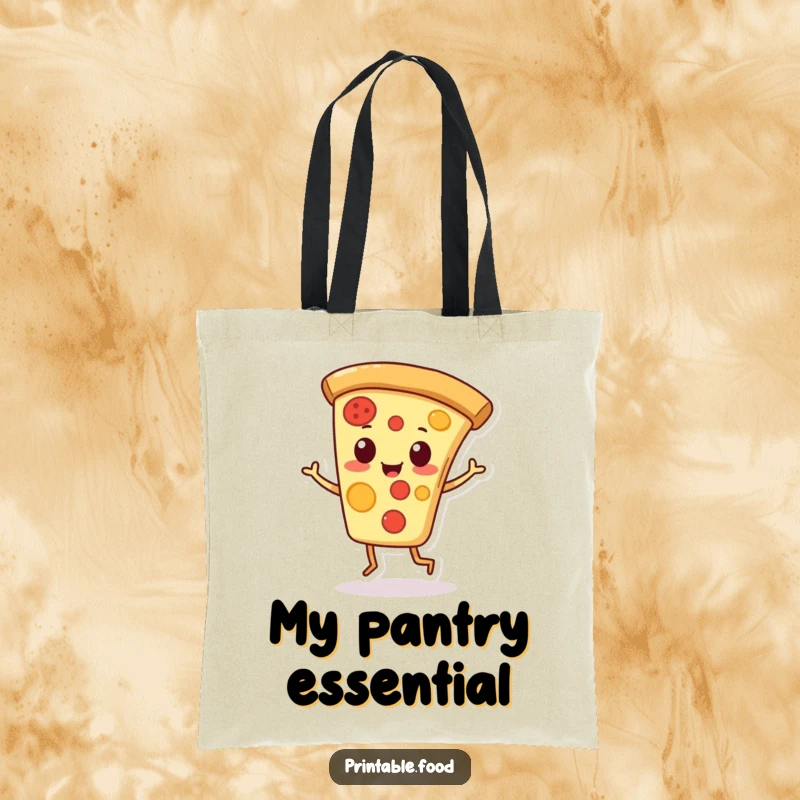Funny tote bag with a playful pizza slice character doing a jaunty jig, practical and full of joy.