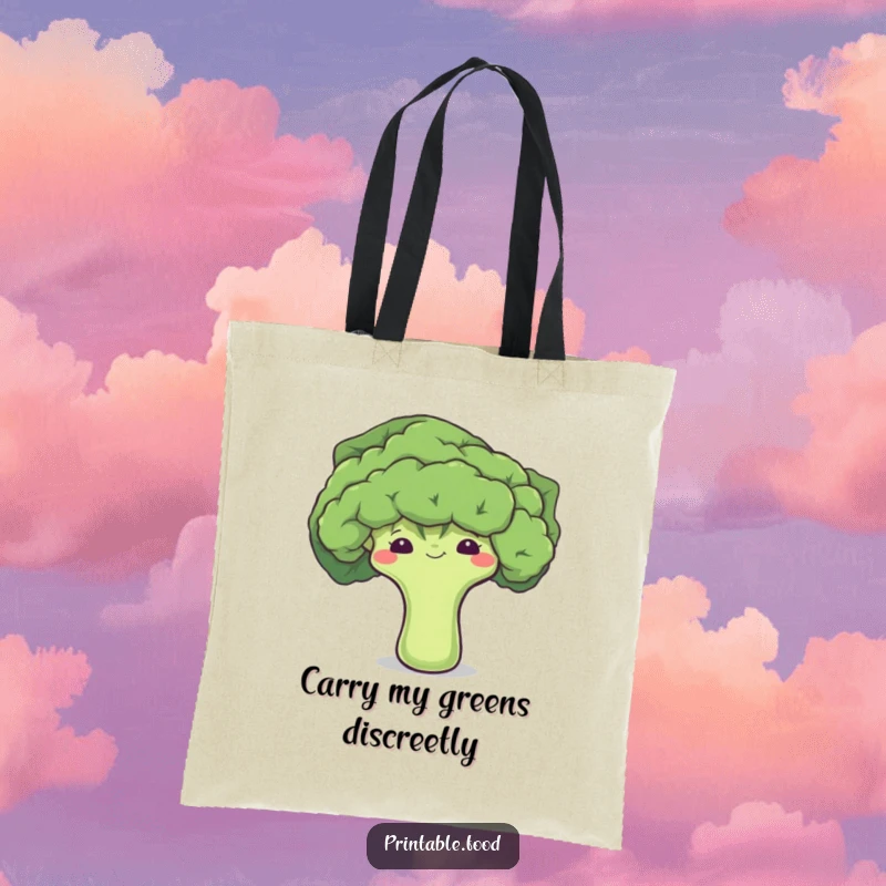 Funny tote bag with a shy broccoli floret peeking from behind a leaf, perfect for carrying groceries with humor.