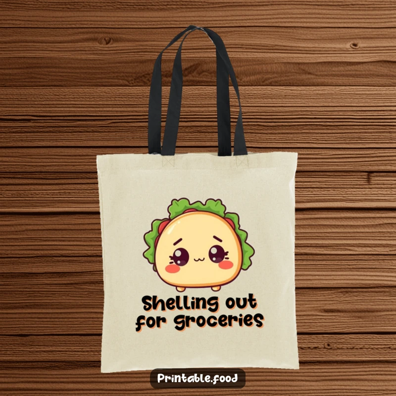 Funny tote bag featuring a shocked taco character with wide eyes and an open shell, ideal for carrying goods with humor.