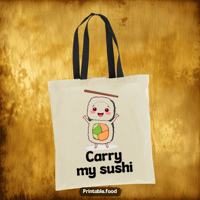 Funny Tote Bag featuring a smiling sushi roll character in a handstand, chopsticks in play, a unique foodie accessory.