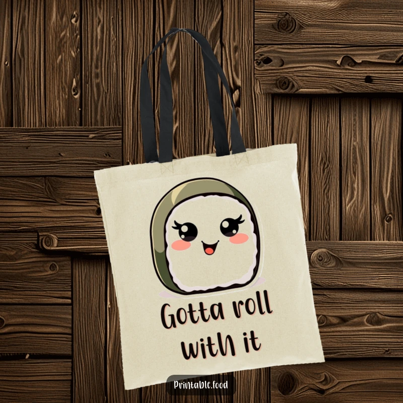 Funny Sushi Roll Tote Bag: A happy sushi roll with energetic, wiggling eyes is ready to carry your goods with cheerful flair.