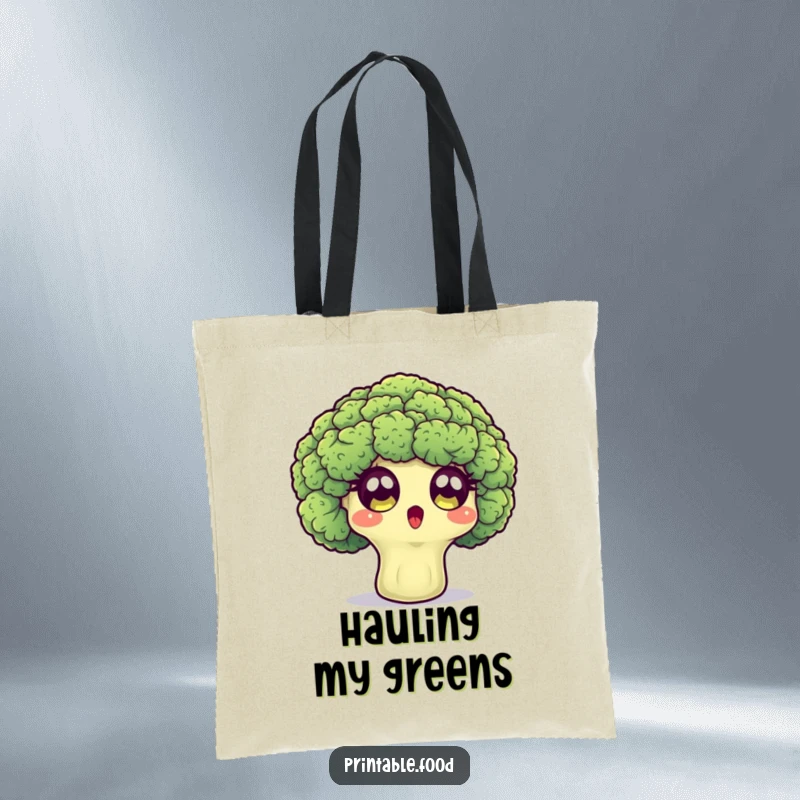 Funny tote bag with a surprised broccoli floret character showing wide eyes, practical and full of surprise.