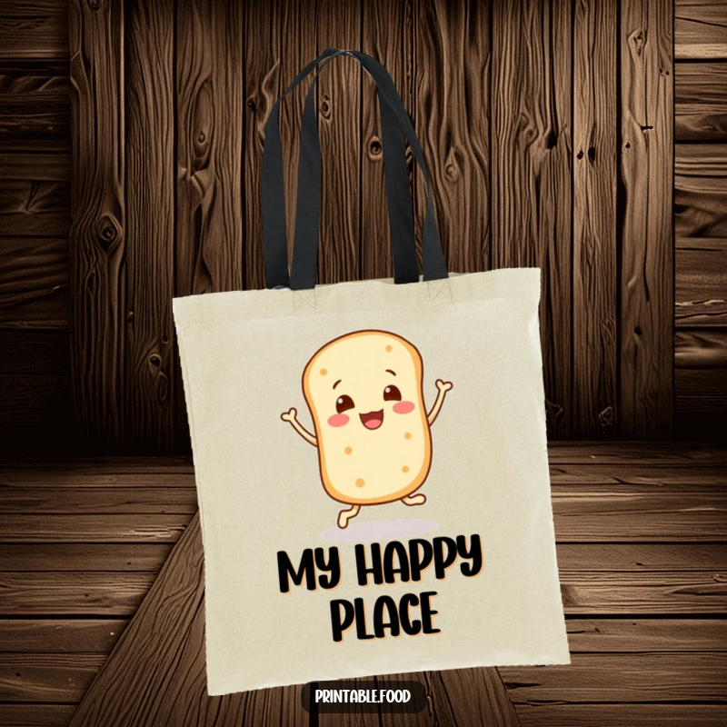 Funny tote bag: A bread roll character bounces with pure glee, a symbol of simple happiness and cartoonish energy.