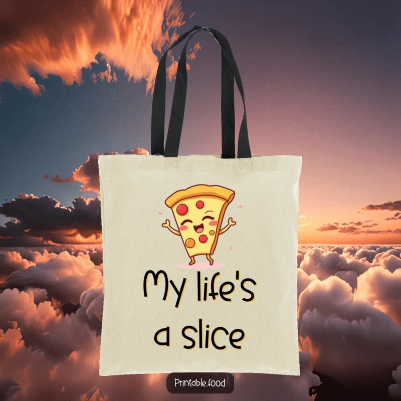 Funny Tote Bag art of a winking pizza slice character performing a silly, energetic dance, ready to go anywhere.