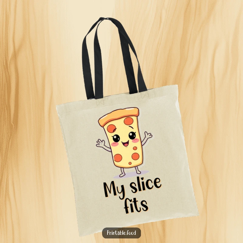 Funny Tote Bag showcasing a giggling pizza slice character dancing with enthusiasm and a friendly wave.