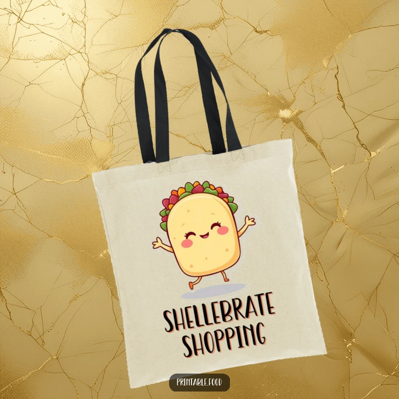 Funny tote bag: A smiling taco character dances with abandon, a vibrant symbol of culinary celebration and fun.