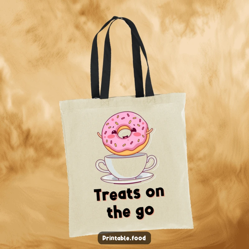Funny Tote Bag showcasing a giggling donut with sprinkles jumping over a teacup, perfect for carrying daily items.